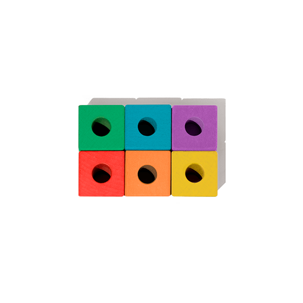 blocks with holes inside and threading rope with wooden sticks attached